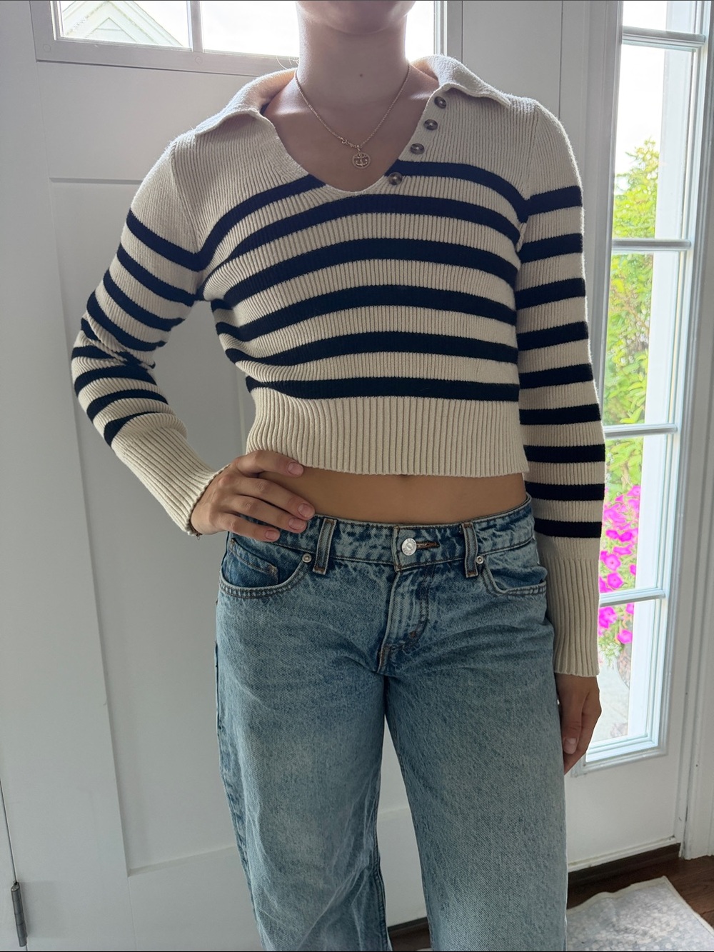 NWT Happily Grey Women's Size Small Striped Cropped Knit Sweater - Cream & Navy
